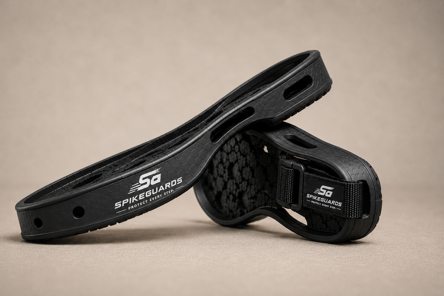 SpikeGuards covers — textured TPE sole guards with secure fit strap