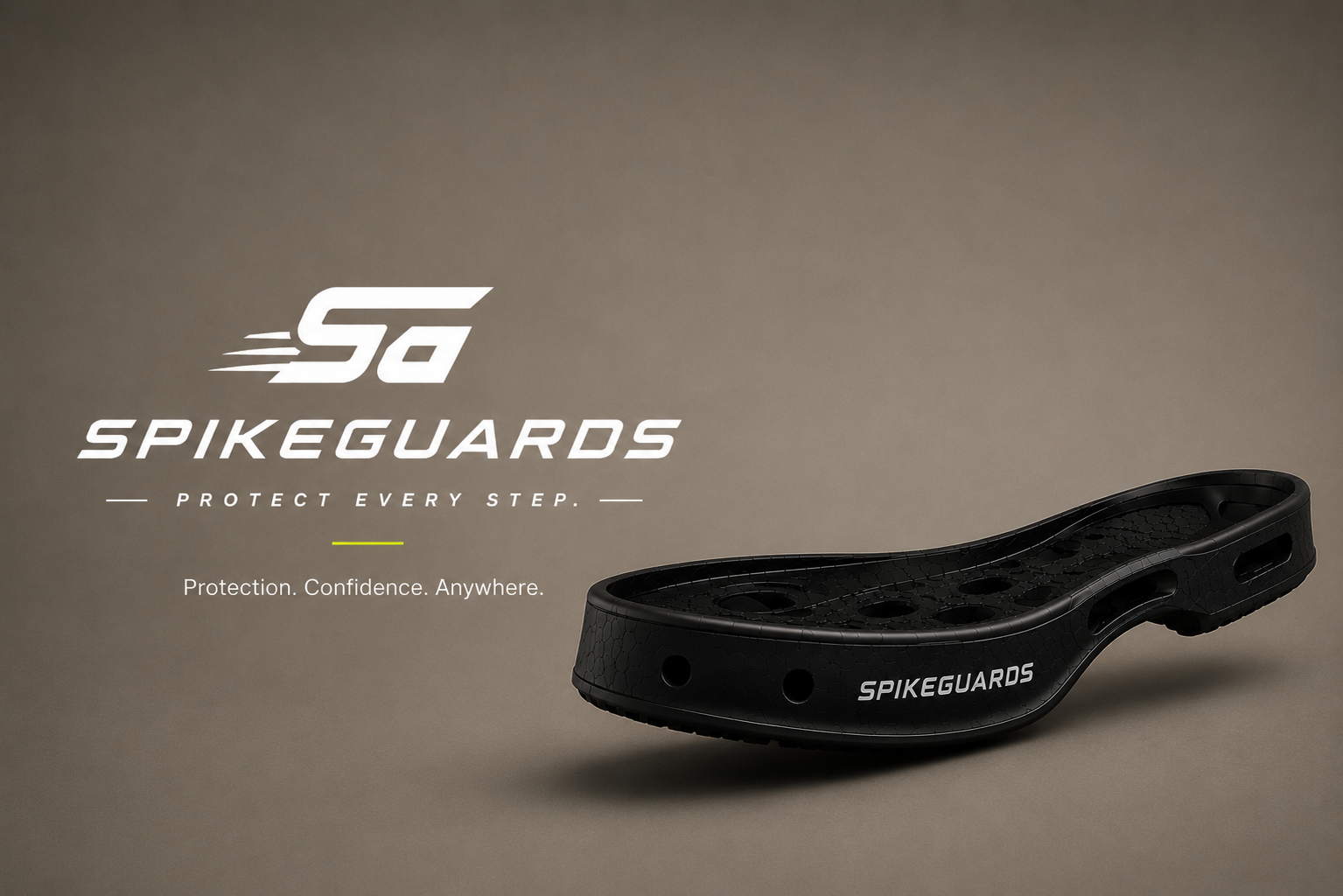 SpikeGuards hero — protective track spike cover with logo on a neutral background